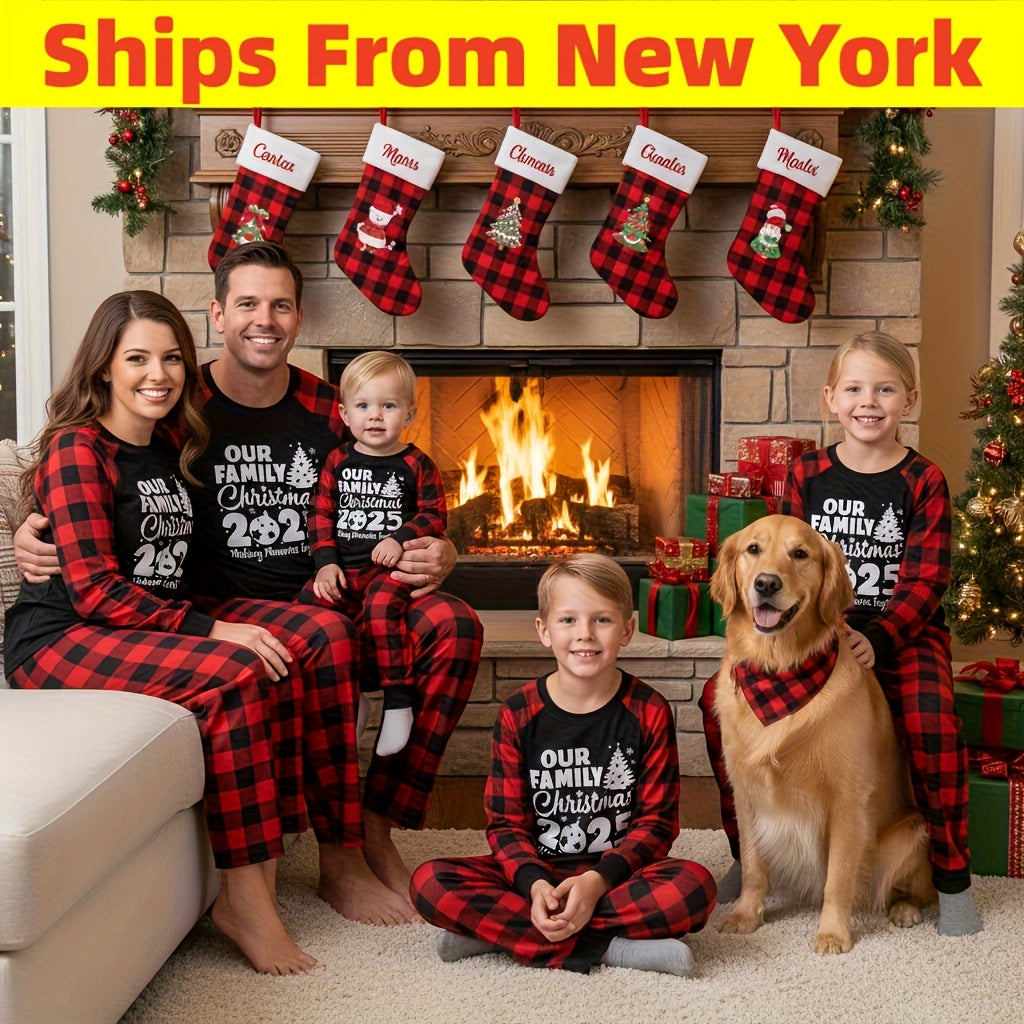 Two Piece Family Matching Christmas Pajamas Set 2025 PJ Party Holiday Gift For Whole Family Flame Resistant Long Sleeve Crew Neck "Making Memories Together" Christmas Tree Contrast Print Black Red Plaid Splice Pants Machine W