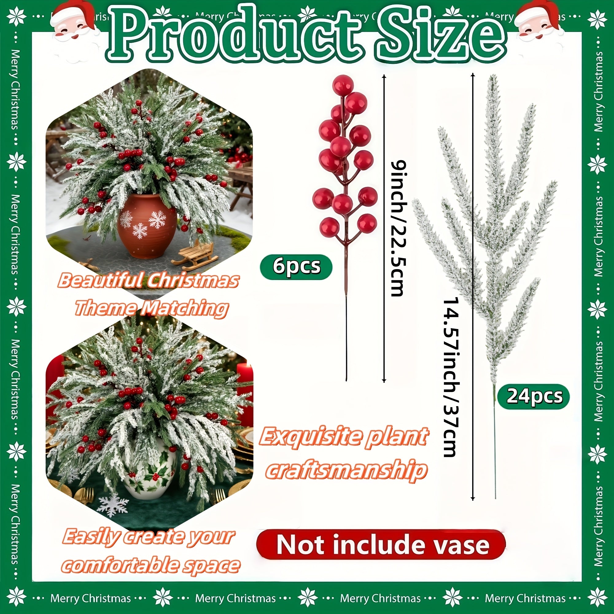 30pcs - Outdoor Artificial Norfolk Pine Branches with Red Berries - Realistic Pine Tree Wreath, Green Needles and Snow-Covered, Suitable for Outdoor Use - Christmas