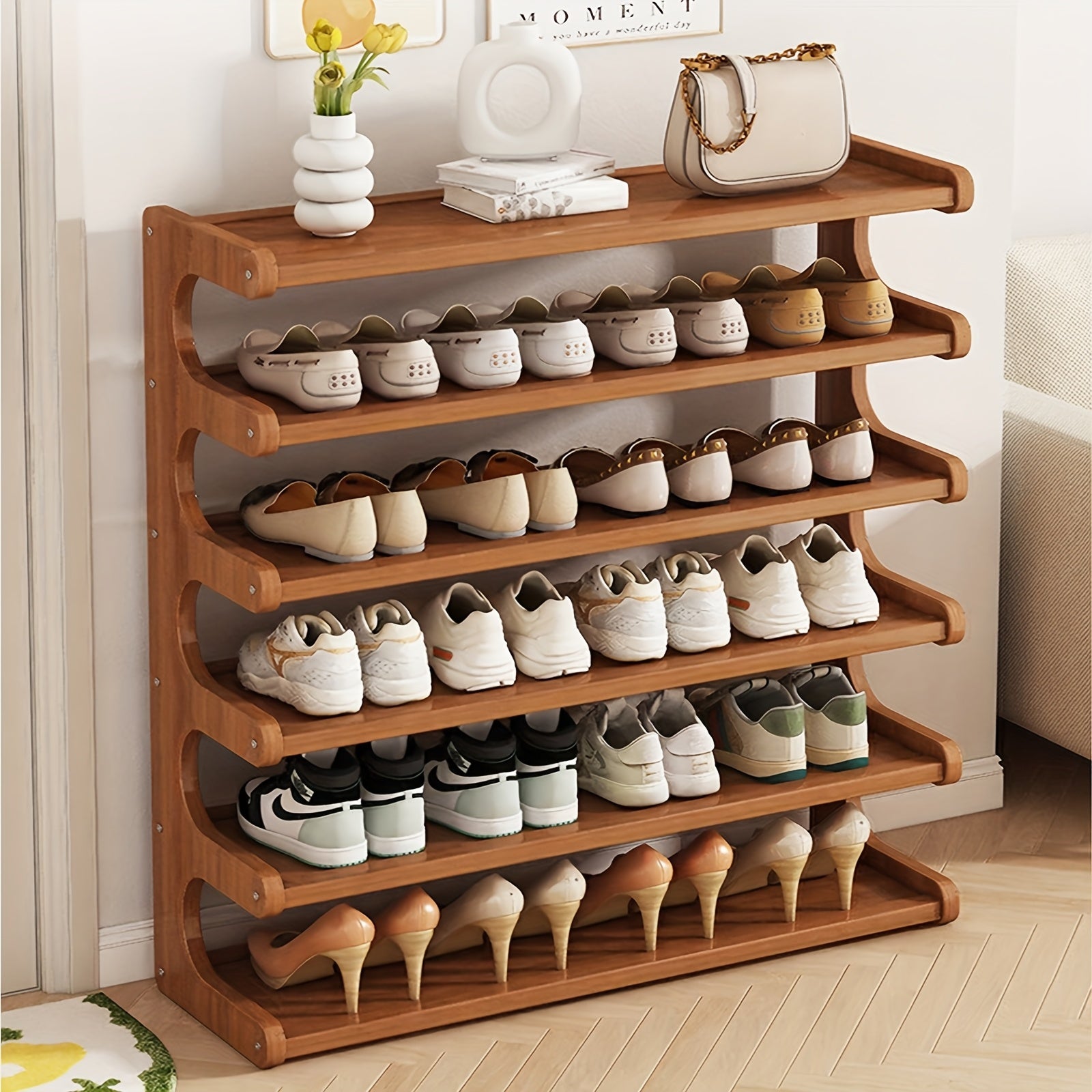 1pc Bamboo Shoe Rack 5-Tier/6-Tier (Adjustable) Heavy-Duty Bamboo Wood-Like Holds 18 Pairs of - Space-Saving Wide Shelf Entryway Organizer, Easy Assembly Standing Shoe Cabinet for Front Door, Living Room, Garage