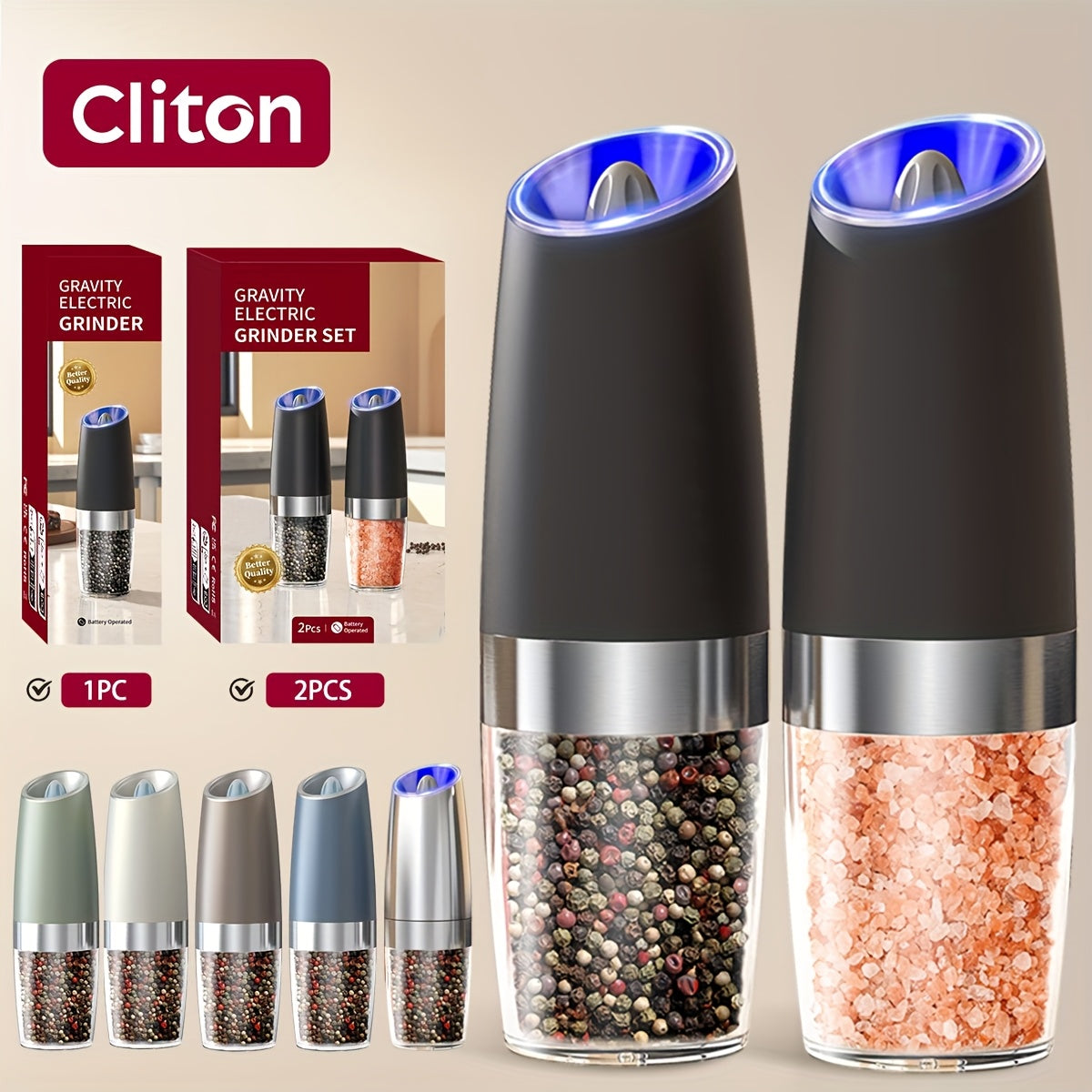 1pc/2pcss Electric Salt And Pepper Grinder, Automatic Pepper Mill, Salt And Pepper Grinder Electric 2pcs, Tilted Automatic Grind With LED Light, Battery Powered, Adjustable Coarseness, Easy To Clean, One-Hand Operation, Kitch