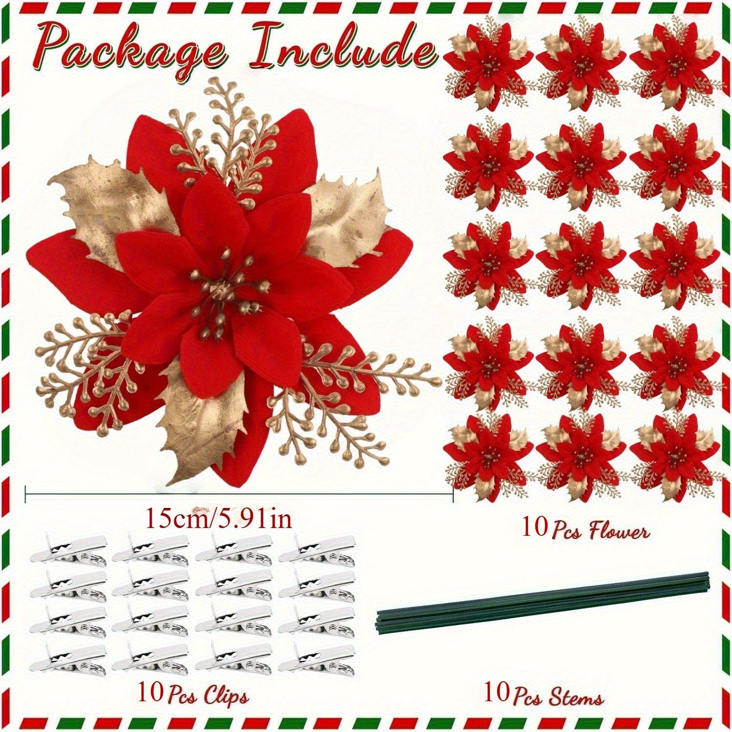 30pcs Christmas Tree Decorations with Poinsettia Clips - Colorful Sugar Shape Artificial Flower Branches, Red Poinsettia Flowers and Golden Accents, Plastic Holiday Decorations, Suitable for Christmas Trees, Wreaths, Vase Fil