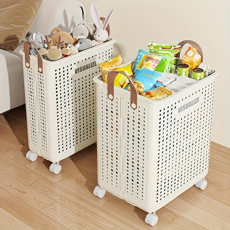 15.8/205GaA Large Foldable Wheeled Laundry Basket (Multiple Sizes Available) Without Lid - Faux Leather, Solid Color, Versatile Folding Portable Laundry Basket for Bathroom and Balcony Storage, Laundry Bag, Laundry Room Acces