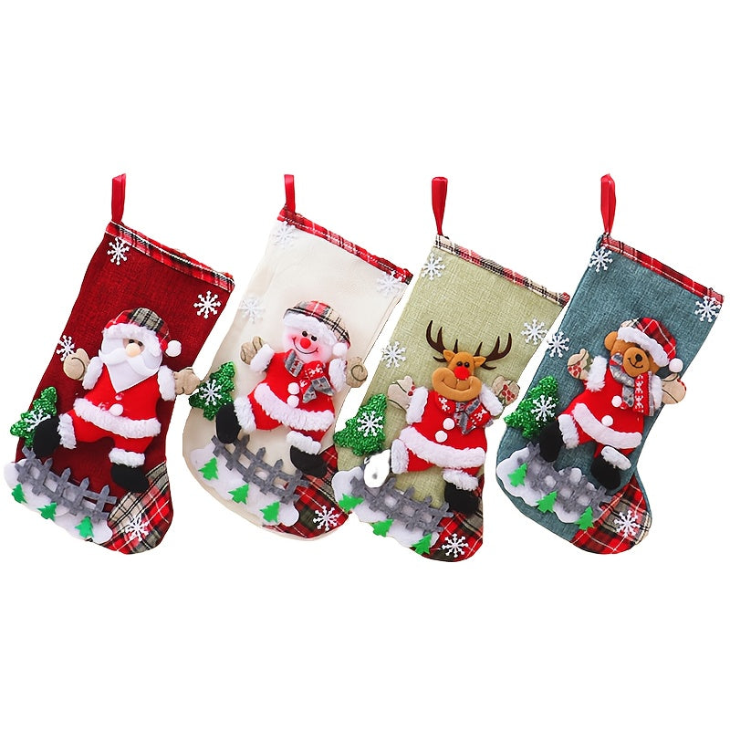 4pcs Christmas Gift Sock Set, Large Linen Candy Bags with Snowflake, Santa, Snowman, Reindeer, and Bear Patterns, Decorative Long Socks for Holiday Parties, Christmas Tree, or Fireplace, Christmas Socks, Christmas Home Decor,