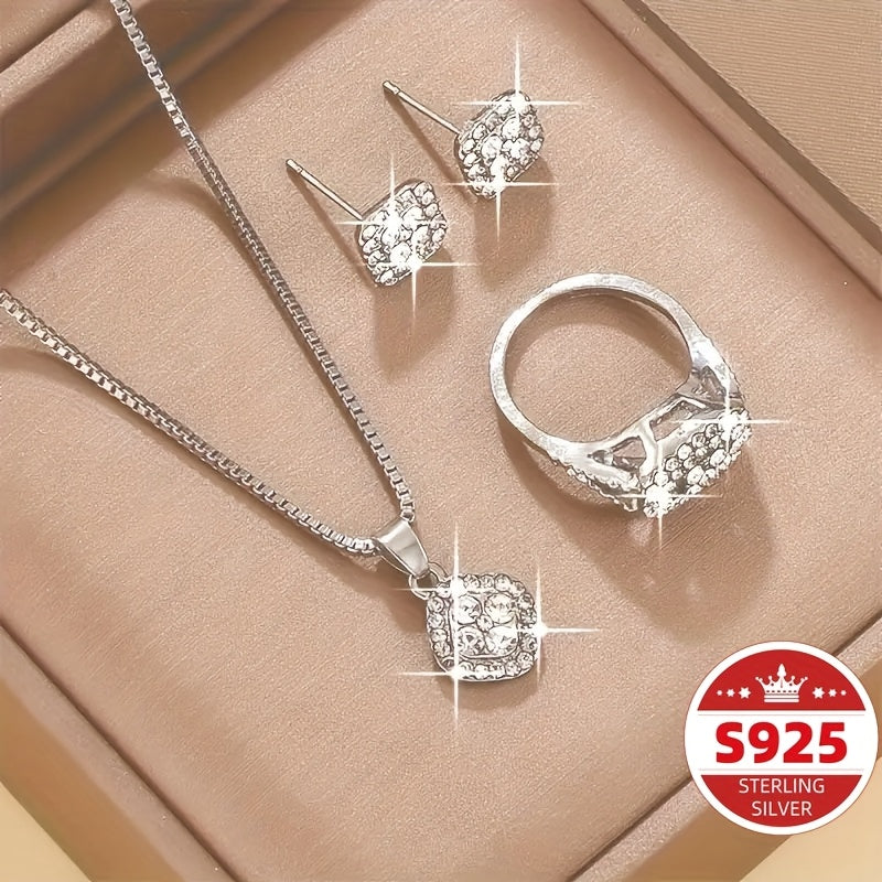 [Elegant Sterling Silver Set] S925 Sterling Silver Elegant Pendant Necklace, Earrings, and Ring Set for Men and Women