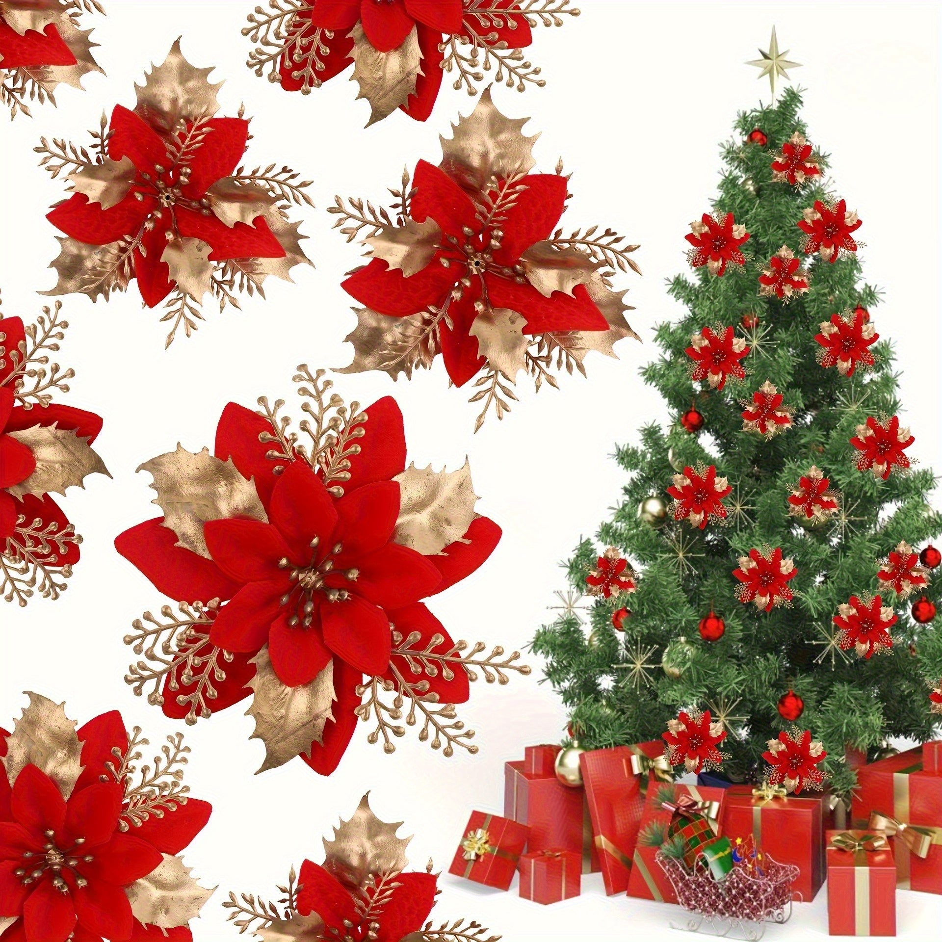 30pcs Christmas Tree Decorations with Poinsettia Clips - Colorful Sugar Shape Artificial Flower Branches, Red Poinsettia Flowers and Golden Accents, Plastic Holiday Decorations, Suitable for Christmas Trees, Wreaths, Vase Fil