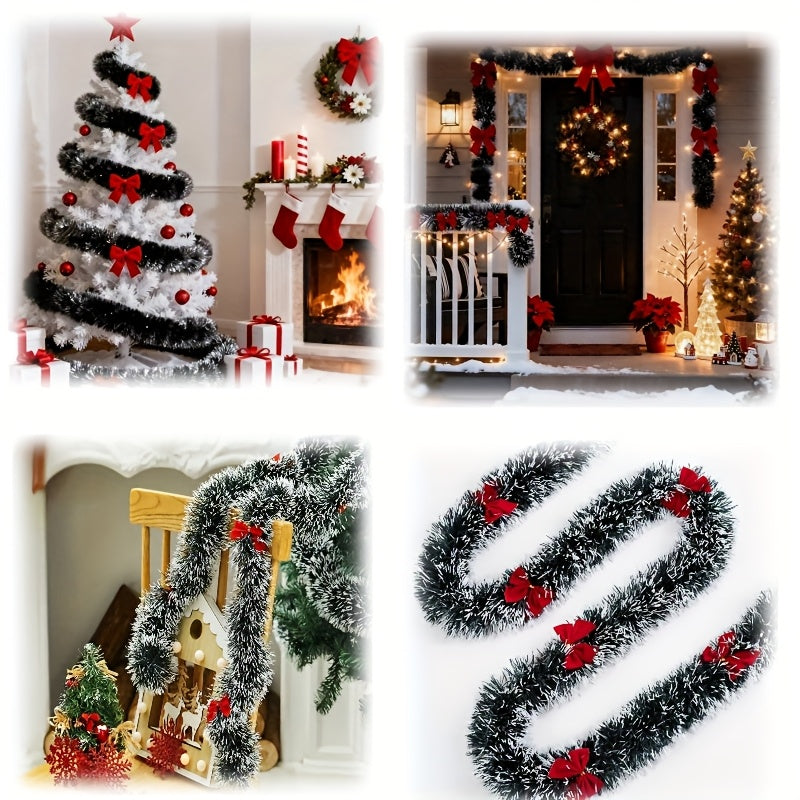 314.96inch Plastic Farmhouse Style Realistic Christmas Decoration Garland with Dark Snow Tips and Red Bows, Ideal for Holiday Parties, Home, Restaurant, Fireplace & Outdoor Festive Decorations, Perfect Floral Arrangement, Chr