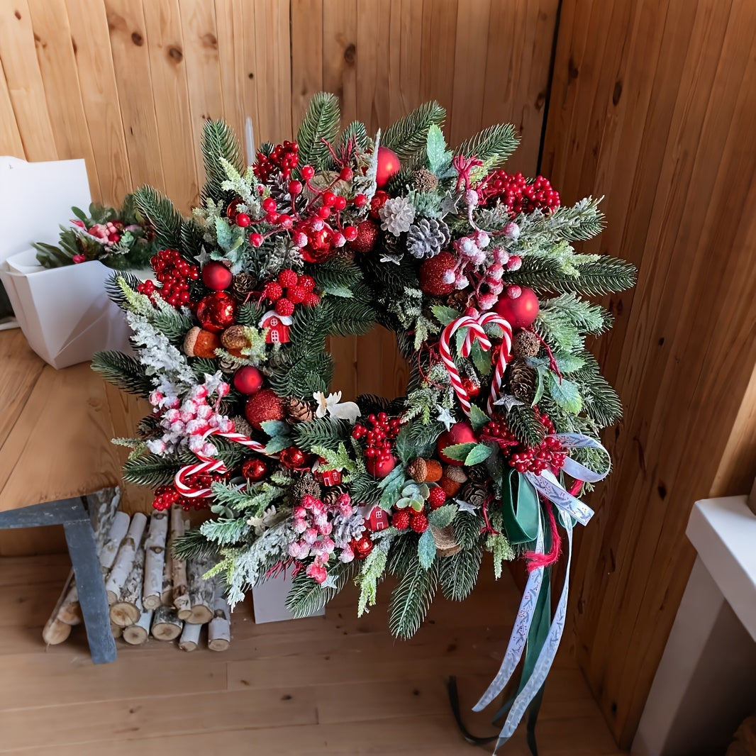 Christmas Wreath Decoration with Red Berries, Pine Cones, Candy Accents - Heavy-Duty Plastic Holiday Door Hanging Decor for Home, Mantel, Table Centerpiece - No Electricity Needed, Easy Hang with Loop - Indoor/Outdoor Christm