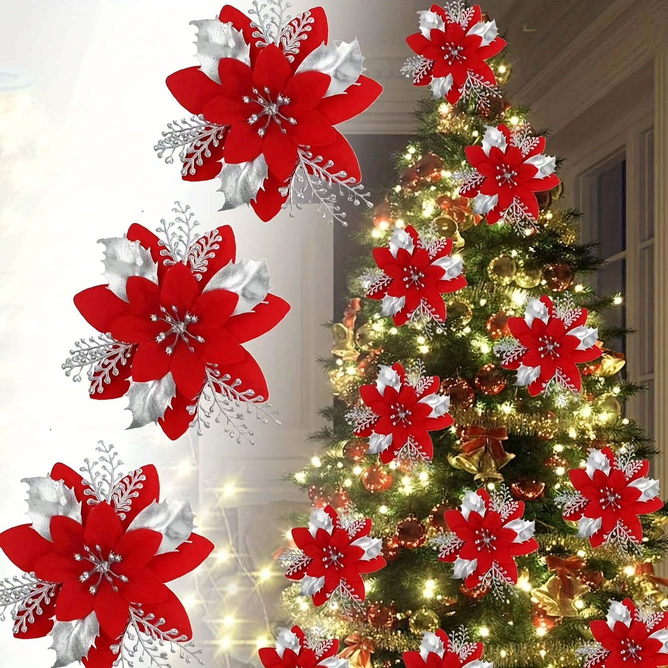 30pcs Christmas Tree Decorations with Poinsettia Clips - Colorful Sugar Shape Artificial Flower Branches, Red Poinsettia Flowers and Golden Accents, Plastic Holiday Decorations, Suitable for Christmas Trees, Wreaths, Vase Fil