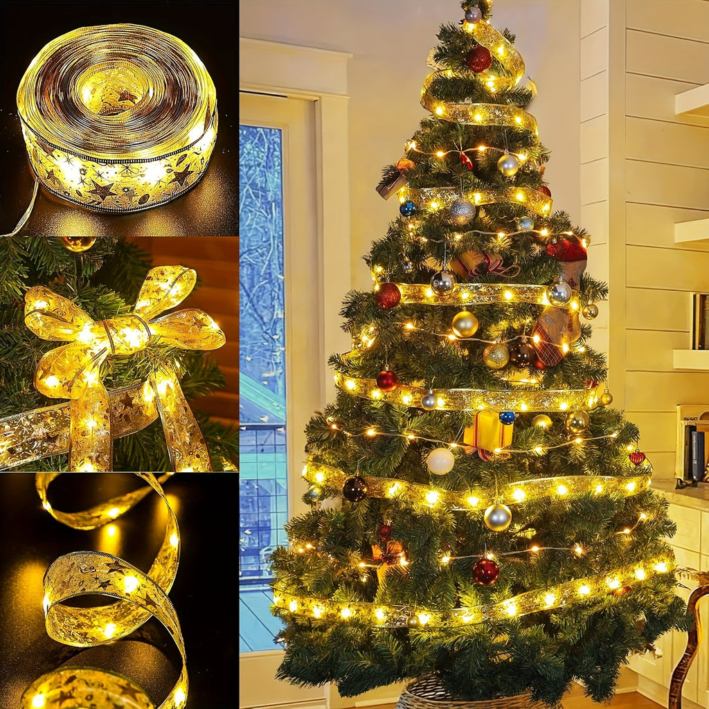 1pc 39.37/118.11/196.85/393.7inch Golden Christmas Ribbon Fairy Lights - Elegant ribbon shaped garland decoration with warm glow ( - Suitable for indoor Christmas trees, stairs, garlands, parties - Durable plastic holiday lig