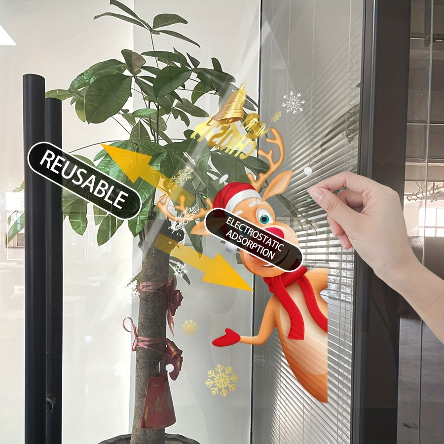 [Christmas Window Stickers] 2pcs Festive Christmas Reindeer & Santa Claus Window Stickers - 45cm x 60cm, Static Cling, Reusable PVC, Semi-Matte Finish, Ideal for Home, Store, Supermarket, Company, School Party Decorations, Ch