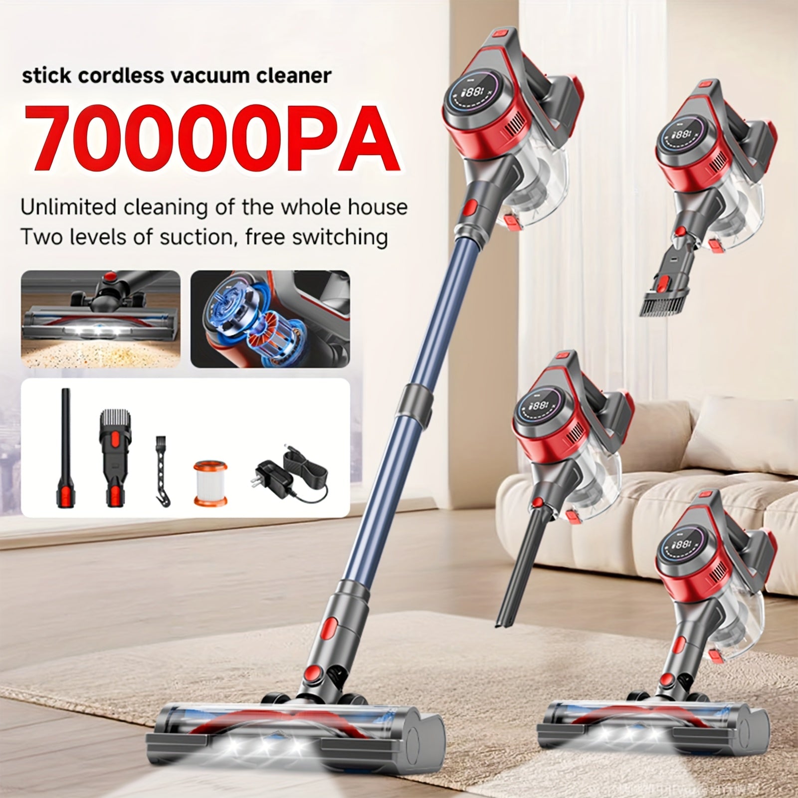 Cordless Vacuum Cleaner, MAX 70Kpa Powerful Stick Vacuum with 45min Runtime, Anti-Tangle Vacuum Cleaners for Home, 50.72oz Dust Cup, Rechargeable wired/Wireless Vacuum for Hardwood Floor Carpet Pet Hair, Cordless Vacuum Clean